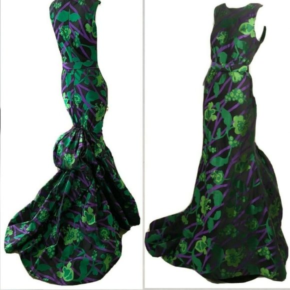 ◇$6,000 OSCAR DE LA RENTA ADOREABLE SILK GREEN FLORAL RUNW DRESS GOWN 6 - Picture 7 of 16